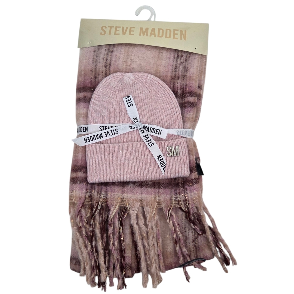 Steve Madden Plaid Fringe Scarf And Beanie Gift Set NEW Pink Beige Cabincore